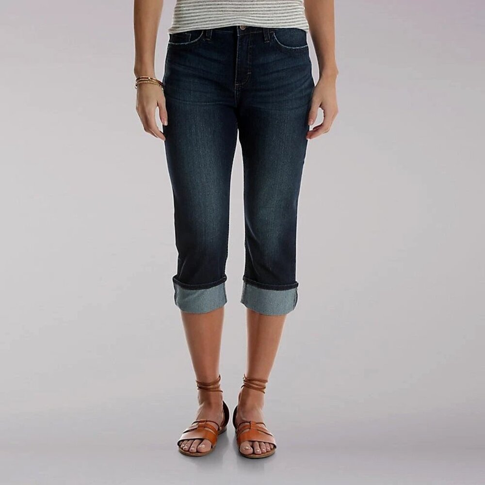 Riders by Lee Dark Wash Black Capri Jeans 8M Cuffed Mid Rise Y2K Casual Chic - Picture 2 of 5